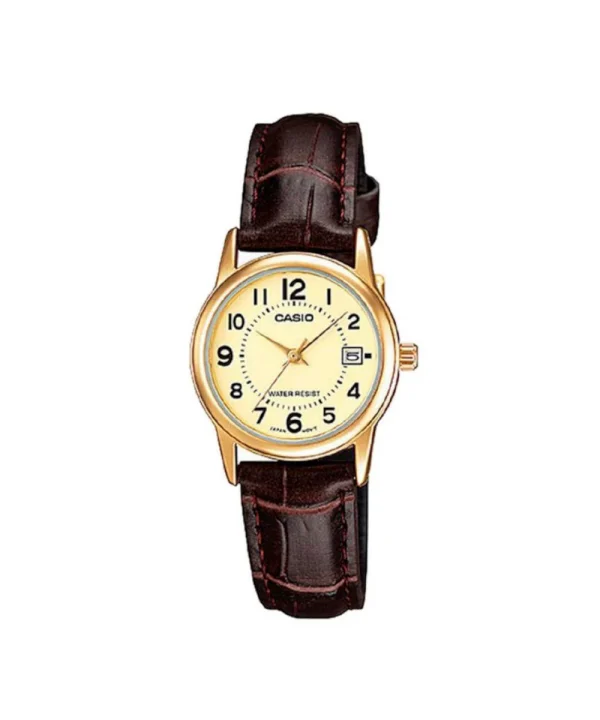 Reloj Casio pulso cuero café tablero dorado con fechero referencia LTP-V002GL-9BUDF